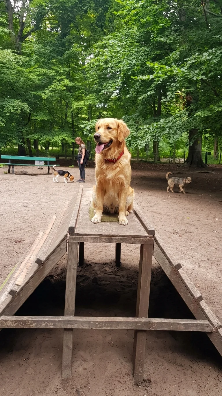 Schwarzer Hund auf einem hölzernen Rampenhindernis
