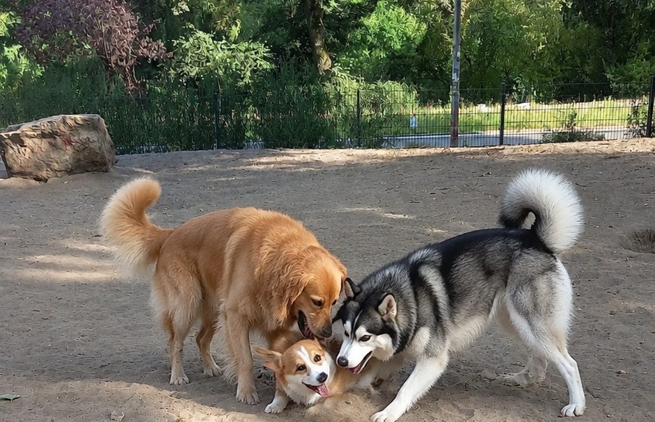 Drei Hunde beim Spielen auf dem Sandboden