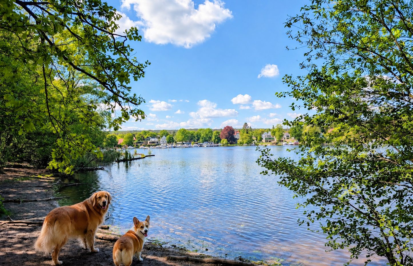 Hunde beim Spielen am Seeufer
