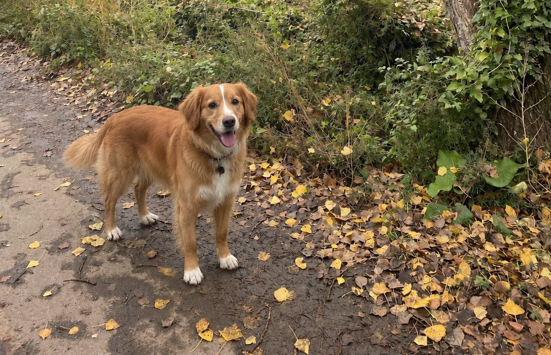 Hund auf dem Weg am Stamm mit Turm im Hintergrund